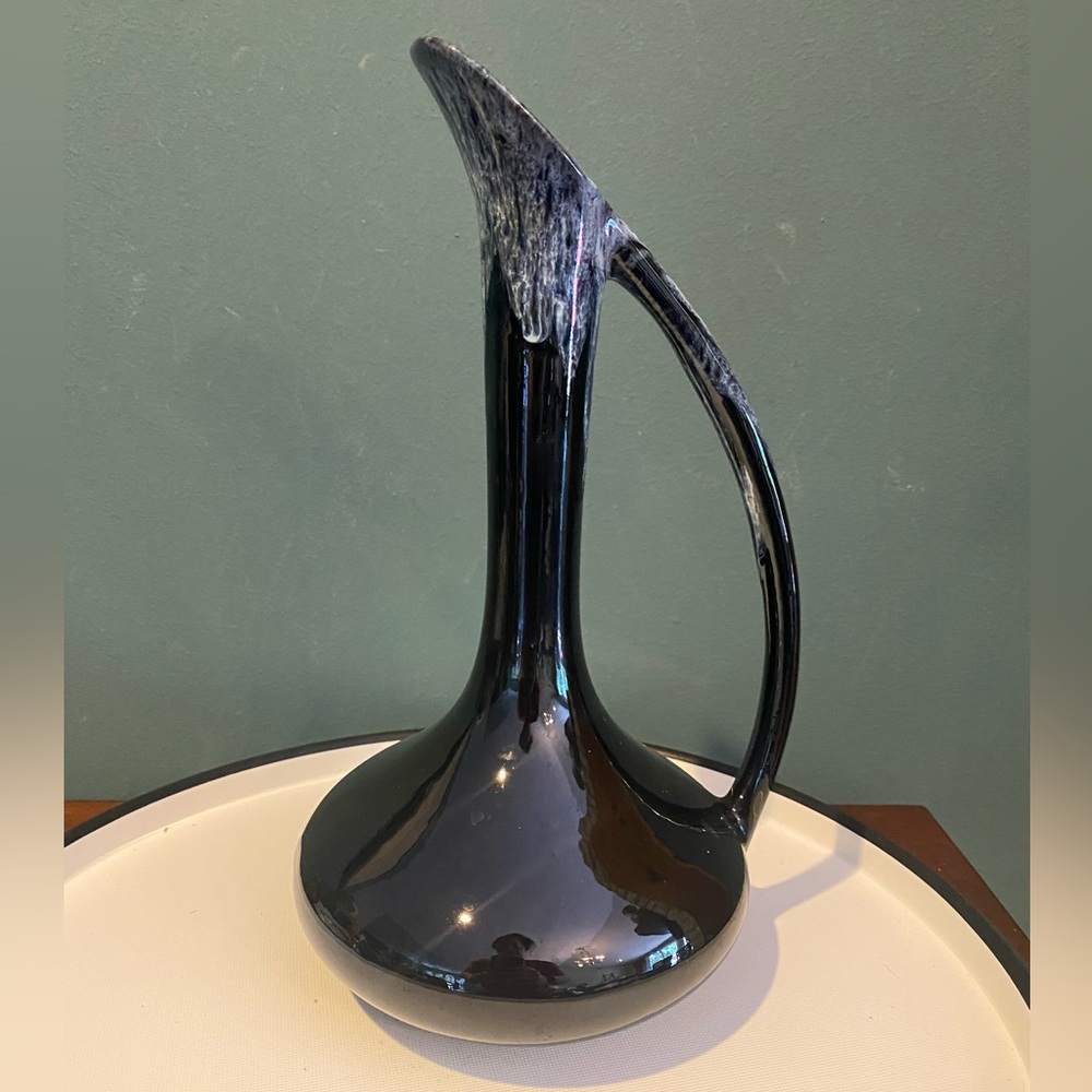 Vintage Anna Van Briggle Mid Century 12” Pitcher Ewer Vase -Black with blue drip